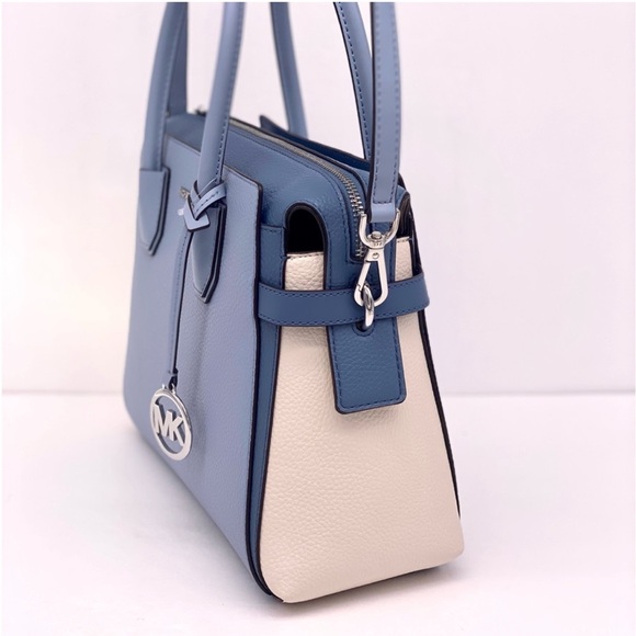 Michael Kors Mercer Medium Belted Satchel Crossbody Pale Blue Multi - Picture 7 of 12